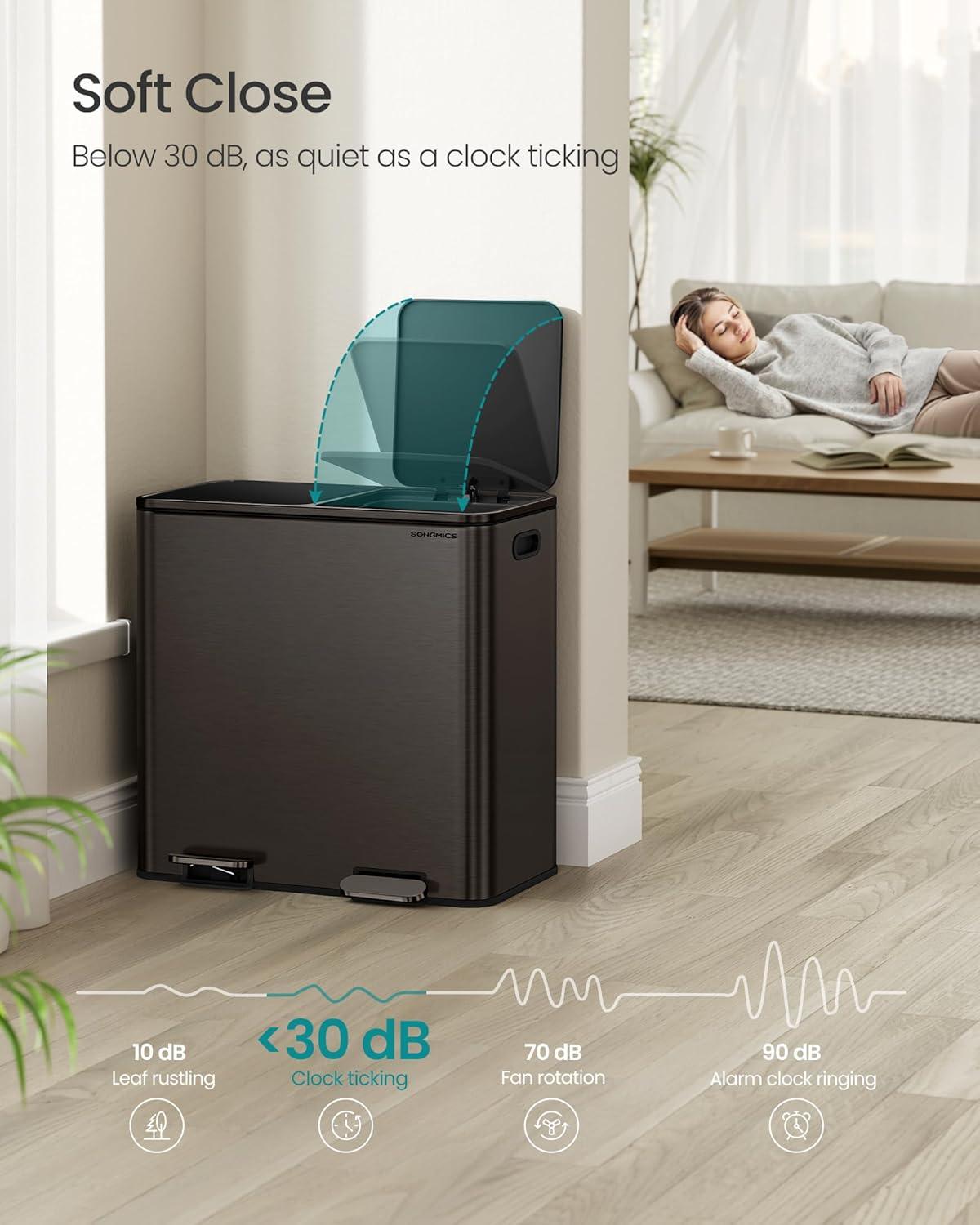 imageSONGMICS Trash Can 2 x 106 Gallon 2 x 40 L Garbage Can for Kitchen with 15 Trash Bags 2 Compartments Plastic Inner Buckets and Hinged Lids Airtight Black ULTB730B80Slate Gray