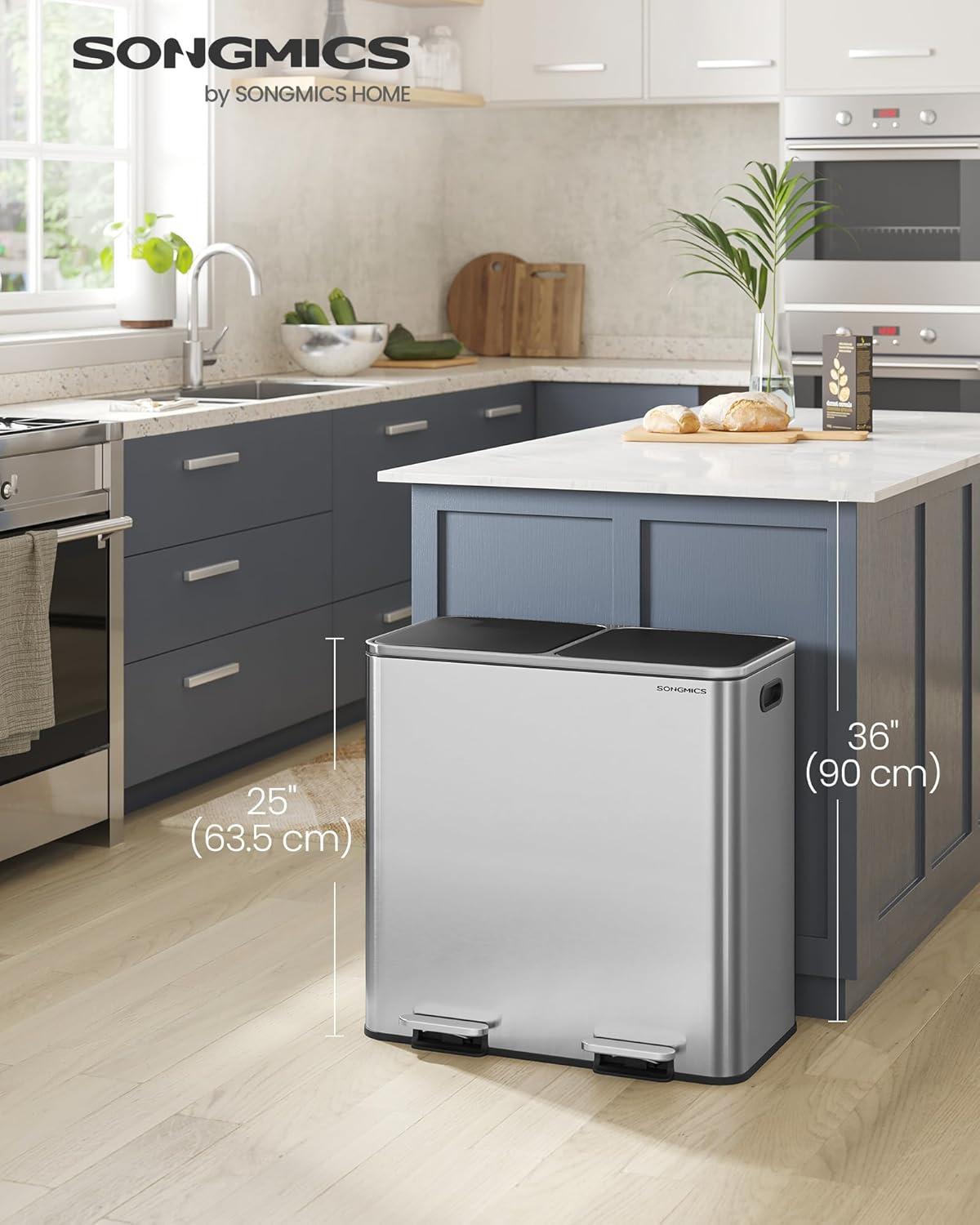 imageSONGMICS Trash Can 2 x 106 Gallon 2 x 40 L Garbage Can for Kitchen with 15 Trash Bags 2 Compartments Plastic Inner Buckets and Hinged Lids Airtight Black ULTB730B80Silver  Black