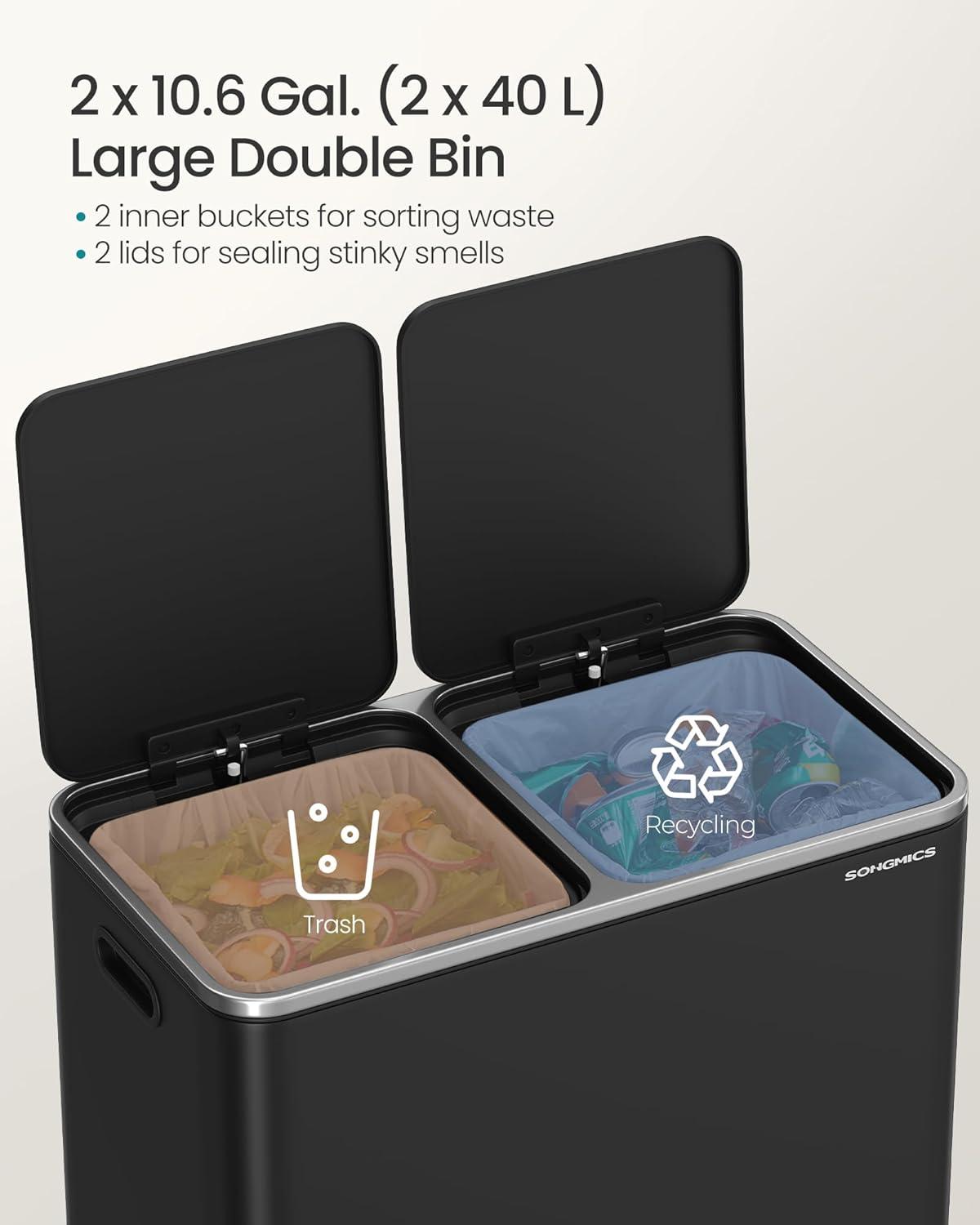imageSONGMICS Trash Can 2 x 106 Gallon 2 x 40 L Garbage Can for Kitchen with 15 Trash Bags 2 Compartments Plastic Inner Buckets and Hinged Lids Airtight Black ULTB730B80Black