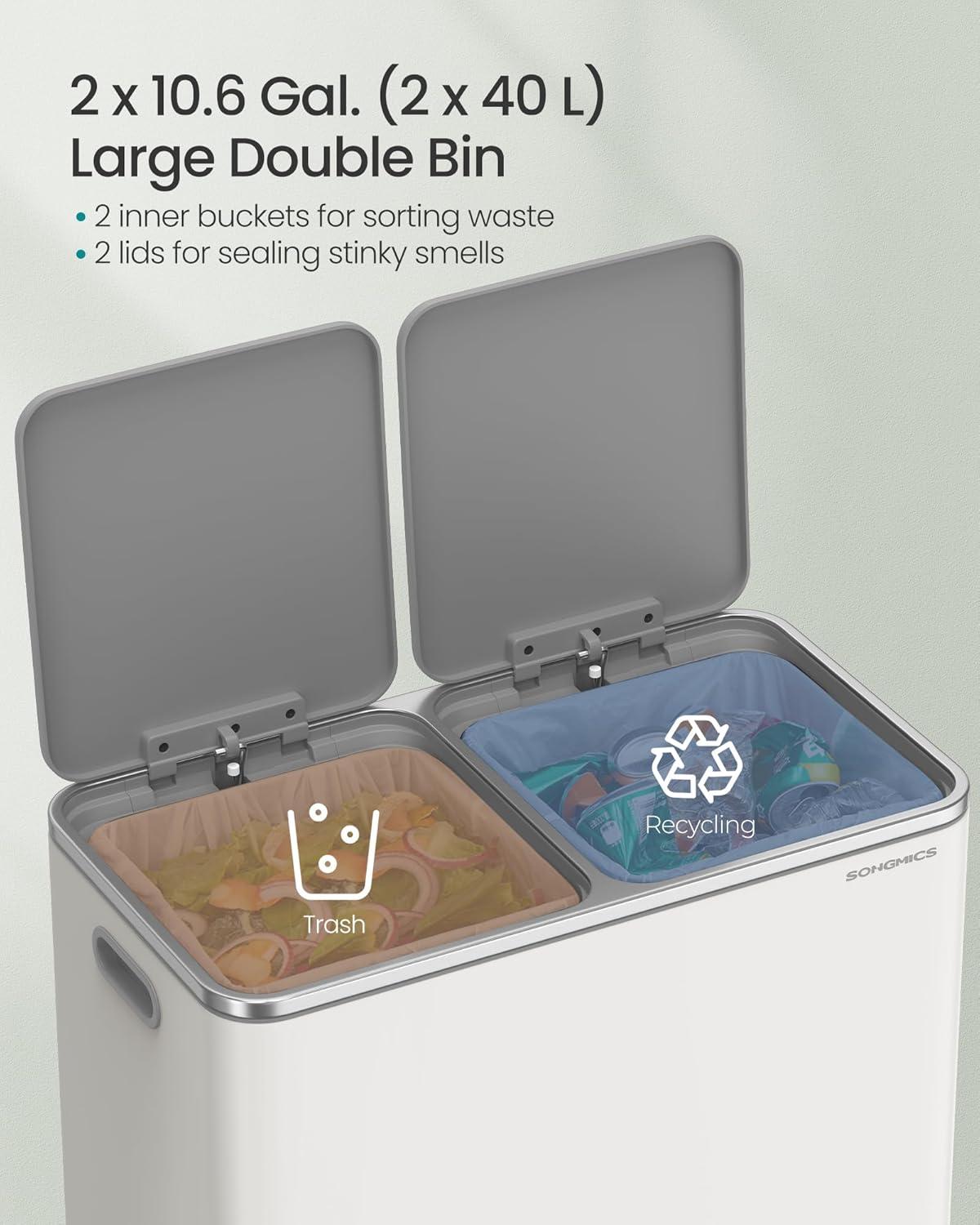 imageSONGMICS Trash Can 2 x 106 Gallon 2 x 40 L Garbage Can for Kitchen with 15 Trash Bags 2 Compartments Plastic Inner Buckets and Hinged Lids Airtight Black ULTB730B80White  Gray