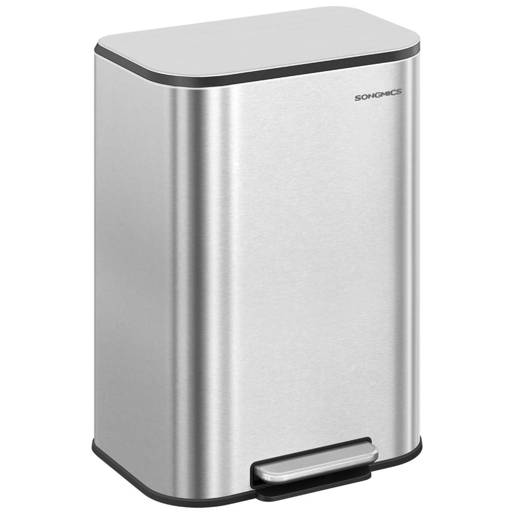 imageSONGMICS Kitchen Trash Can 13Gallon 50 L Garbage Can with Lid Stainless Steel Soft Close and Stays Open Inner Bucket Wide NonSlip Pedal Ink Black ULTB547B01Metallic Silver