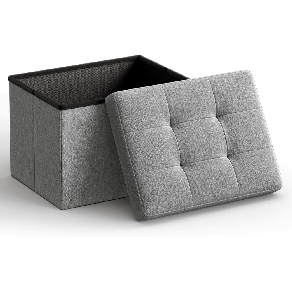 imageSONGMICS MAZIE Collection  Small Folding Storage Ottoman Foot Rest Stool 122 x 161 x 122 Inches 286 lb Load Capacity for Living Room Bedroom Home Office Dorm Light Taupe ULSF102K01Light Gray