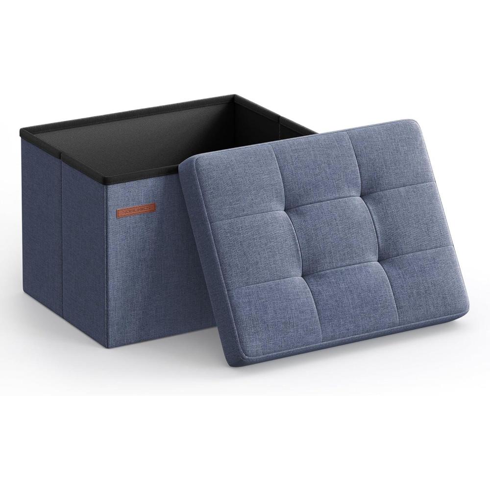imageSONGMICS MAZIE Collection  Small Folding Storage Ottoman Foot Rest Stool 122 x 161 x 122 Inches 286 lb Load Capacity for Living Room Bedroom Home Office Dorm Light Taupe ULSF102K01Light Denim Blue