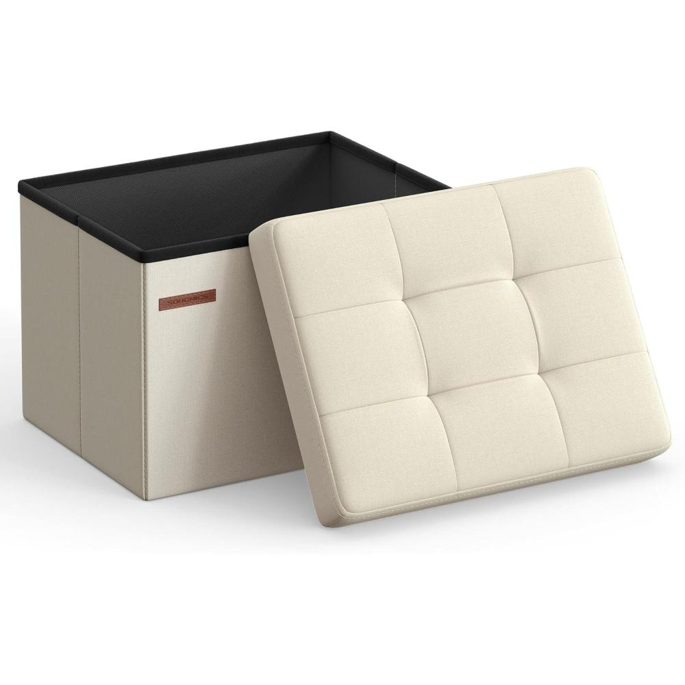 imageSONGMICS MAZIE Collection  Small Folding Storage Ottoman Foot Rest Stool 122 x 161 x 122 Inches 286 lb Load Capacity for Living Room Bedroom Home Office Dorm Light Taupe ULSF102K01Cream White