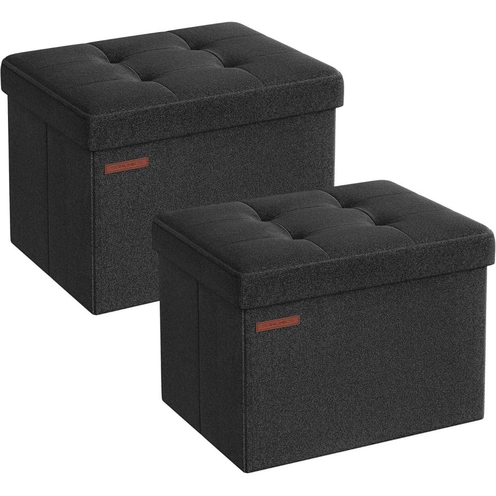 imageSONGMICS MAZIE Collection  Small Folding Storage Ottoman Foot Rest Stool 122 x 161 x 122 Inches 286 lb Load Capacity for Living Room Bedroom Home Office Dorm Light Taupe ULSF102K01Simply Black