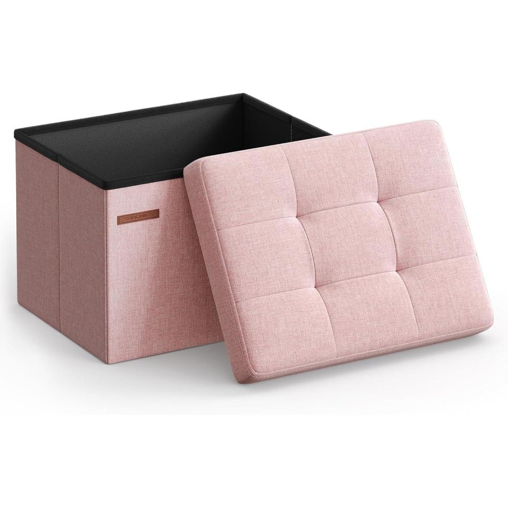 imageSONGMICS MAZIE Collection  Small Folding Storage Ottoman Foot Rest Stool 122 x 161 x 122 Inches 286 lb Load Capacity for Living Room Bedroom Home Office Dorm Light Taupe ULSF102K01Jelly Pink