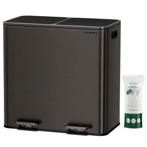 imageSONGMICS Trash Can 2 x 106 Gallon 2 x 40 L Garbage Can for Kitchen with 15 Trash Bags 2 Compartments Plastic Inner Buckets and Hinged Lids Airtight Black ULTB730B80Slate Gray