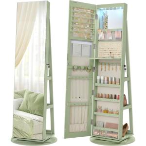 imageSONGMICS 6 LEDs Lockable Mirror Jewelry Cabinet 360 Swivel Jewelry Organizer Armoire Standing Frameless FullLength Mirror 3 Storage Shelves Laurel Green Surface Cream White Lining UJJC007C01Laurel Green  Cream White