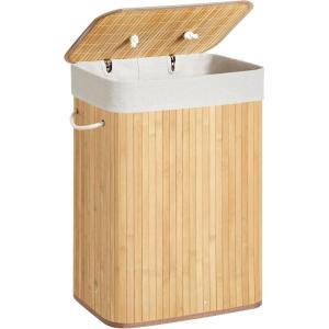 imageSONGMICS Foldable Laundry Hamper with Lid 19 Gal Bamboo Laundry Basket Rectangular Storage Hamper with 3 Handles 157 x 118 x 236 Inches for Laundry Room Bedroom White ULCB010W01Natural
