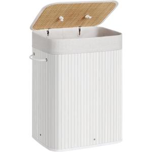 imageSONGMICS Foldable Laundry Hamper with Lid 19 Gal Bamboo Laundry Basket Rectangular Storage Hamper with 3 Handles 157 x 118 x 236 Inches for Laundry Room Bedroom White ULCB010W01White