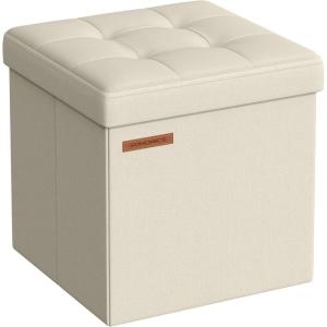 imageSONGMICS Storage Ottoman Foldable Small Ottoman Foot Rest 118 Inches Foot Stool Cube Ottoman with Storage Load up to 286 lb for Living Room Bedroom Dorm Jelly Pink ULSF028R01Cream White
