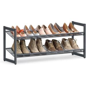 imageSONGMICS Shoe Rack 3Tier Shoe Organizer Metal Shoe Storage for Garage Stackable Shoe Shelf with Adjustable Flat or Angled Shelves 912 Pairs Charcoal Gray ULMR03GBCharcoal Gray