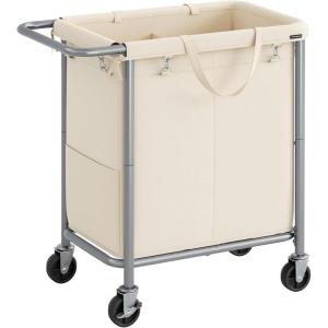 imageSONGMICS Laundry Basket with Wheels Rolling Laundry Hamper 238 Gallons 90L Removable Liner Steel Frame with Handle Blanket Storage 24 x 114 x 319 Inches Cream White URLS003W01White