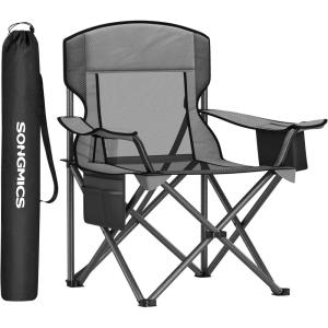 imageSONGMICS Camping Chair Folding Lawn Chair with Cooler Bag 352 lb Weight Capacity Adjustable Armrests with Cup Holder Storage Bag Breathable Nylon Mesh for Sports Games Harbor Blue UGCB060Q01Slate Gray