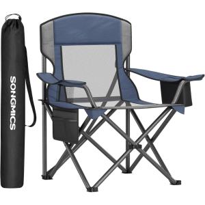 imageSONGMICS Camping Chair Folding Lawn Chair with Cooler Bag 352 lb Weight Capacity Adjustable Armrests with Cup Holder Storage Bag Breathable Nylon Mesh for Sports Games Harbor Blue UGCB060Q01Harbor Blue