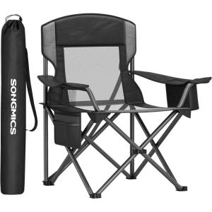 imageSONGMICS Camping Chair Folding Lawn Chair with Cooler Bag 352 lb Weight Capacity Adjustable Armrests with Cup Holder Storage Bag Breathable Nylon Mesh for Sports Games Harbor Blue UGCB060Q01Ink Black