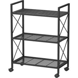 imageSONGMICS 3Tier Metal Storage Rack with Wheels Mesh Shelving Unit with X Side Frames 236Inch Width for Entryway Kitchen Living Room Bathroom Industrial Style Metallic Gold UBSC163A02Black