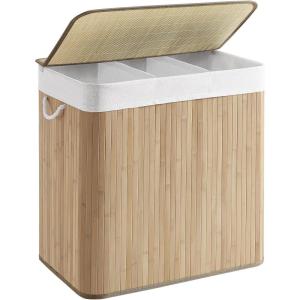 imageSONGMICS Laundry Hamper 396 Gallons 150L 3Section Laundry Basket Laundry Hamper with Lid Bamboo Foldable Removable and Machine Washable Liner for Laundry Room Bedroom Natural ULCB091N01Gray