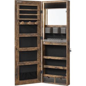 imageSONGMICS Mirror Jewelry Cabinet Armoire Organizer Wall or Door Mount Storage Cabinet with FullLength Frameless Lighted Mirror Builtin Makeup Mirror 2 Drawers Lockable White UJJC013W01Rustic Brown