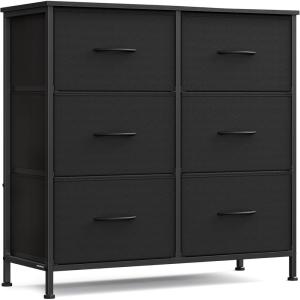 imageSONGMICS Dresser for Bedroom Chest of Drawers TV Stand Steel MDF 6 NonWoven Fabric Drawers Storage Organizer Unit Closet Entryway Rustic Brown and Ink Black ULGS123B02SInk Black  Ebony Black