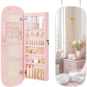 imageSONGMICS Jewelry Organizer LED Jewelry Cabinet WallDoor Mounted Lockable Rounded Wide Mirror with Storage Interior Mirror 39 x 165 x 425 Inches Jelly Pink Surface with Cream White LiningJelly Pink  Cream White