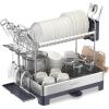 imageSONGMICS Dish Drying Rack  2 Tier Dish Rack for Kitchen Counter with Rotatable and Extendable Drain Spout Dish Drainer with Utensil Cup Glass Cutting Board Holders Black UKCS032B01Silver  Gray