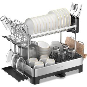 imageSONGMICS Dish Drying Rack  2 Tier Dish Rack for Kitchen Counter with Rotatable and Extendable Drain Spout Dish Drainer with Utensil Cup Glass Cutting Board Holders Black UKCS032B01Silver  Black