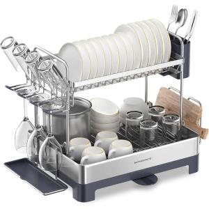 imageSONGMICS Dish Drying Rack  2 Tier Dish Rack for Kitchen Counter with Rotatable and Extendable Drain Spout Dish Drainer with Utensil Cup Glass Cutting Board Holders Black UKCS032B01Silver  Gray
