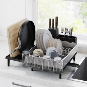 imageSONGMICS Large Dish Drying Rack Expandable Dish Dryer for Kitchen Counter Stainless Steel Dish Rack with Rotatable Spout Utensil Cup Glass Cutting Board Pan Holders Silver and Black UKCS037B01Silver  Black