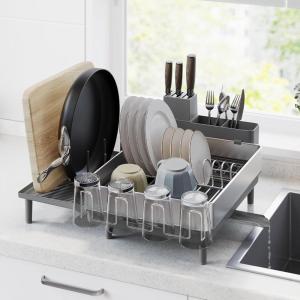 imageSONGMICS Large Dish Drying Rack Expandable Dish Dryer for Kitchen Counter Stainless Steel Dish Rack with Rotatable Spout Utensil Cup Glass Cutting Board Pan Holders Silver and Black UKCS037B01Silver  Gray