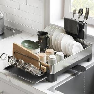 imageSONGMICS Large Dish Drying Rack Premium Stainless Steel Dish Rack with Rotatable Spout FingerprintResistant Dish Drainers for Kitchen Counter 125 x 225 in Silver and Gray UKCS030E01Silver  Black