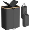 imageSONGMICS Laundry Hamper with Lids Laundry Basket with 2 Compartments 39 Gal 150 L Removable Liner Bag for Laundry Room Bedroom Living Room Cream White and Light Bamboo ULCB523W01Ink Black
