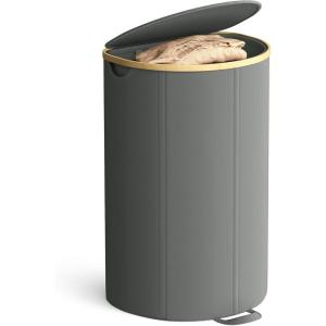 imageSONGMICS Laundry Hamper Laundry Basket with Lid 238 Gal 90 L with Removable Liner Bag for Laundry Room Bedroom Living Room Ink Black and Light Bamboo ULCB547B01Slate Gray
