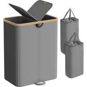 imageSONGMICS Laundry Hamper with Lids Laundry Basket with 2 Compartments 39 Gal 150 L Removable Liner Bag for Laundry Room Bedroom Living Room Cream White and Light Bamboo ULCB523W01Slate Gray