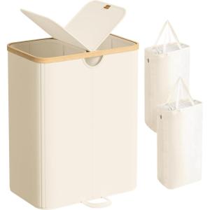 imageSONGMICS Laundry Hamper with Lids Laundry Basket with 2 Compartments 39 Gal 150 L Removable Liner Bag for Laundry Room Bedroom Living Room Cream White and Light Bamboo ULCB523W01Cream White