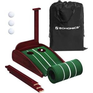imageSONGMICS Golf Putting Green Golf Putting Mat with Ball Return for Indoors Office Carry Bag and 3 Golf Balls Gift for Man Golfer RedBrown
