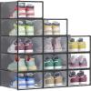 imageSONGMICS Stackable Shoe Boxes Set of 12 Plastic Shoe Organizers with Door Transparent Easy Assembly 91 x 131 x 56 Inches for Shoes up to US Size 10 Transparent and Cloud White ULSP312W01Transparent  Ink Black