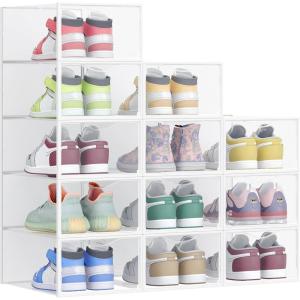 imageSONGMICS Stackable Shoe Boxes Set of 12 Plastic Shoe Organizers with Door Transparent Easy Assembly 91 x 131 x 56 Inches for Shoes up to US Size 10 Transparent and Cloud White ULSP312W01Transparent  Cloud White