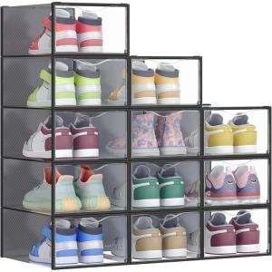 imageSONGMICS Stackable Shoe Boxes Set of 12 Plastic Shoe Organizers with Door Transparent Easy Assembly 91 x 131 x 56 Inches for Shoes up to US Size 10 Transparent and Cloud White ULSP312W01Transparent  Ink Black