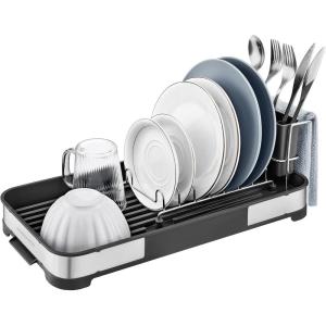 imageSONGMICS Small Dish Drying Rack Dish Dryer for Kitchen Counter Stainless Steel Dish Rack with Drain Utensil Holder Rustproof for Dishes Knives Spoons Forks Silver and Black UKCS034B01