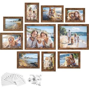 imageSONGMICS Picture Frames with 16 Mats Set of 10 Collage Photo Frames Two 8x10 Four 5x7 Four 4x6 Frames Hanging or Table Display Glass 12 NonTrace Nails Ash Black URPF049B01Rustic Brown