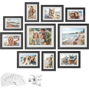 imageSONGMICS Picture Frames with 16 Mats Set of 10 Collage Photo Frames Two 8x10 Four 5x7 Four 4x6 Frames Hanging or Table Display Glass 12 NonTrace Nails Ash Black URPF049B01Ash Black