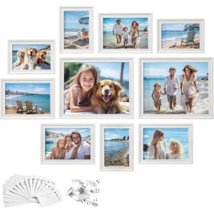 imageSONGMICS Picture Frames with 16 Mats Set of 10 Collage Photo Frames Two 8x10 Four 5x7 Four 4x6 Frames Hanging or Table Display Glass 12 NonTrace Nails Ash Black URPF049B01Cloud White