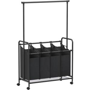 imageSONGMICS 4Section Laundry Sorter Rolling Laundry Cart with Hanging Bar Laundry Organizer Hampers for Laundry HeavyDuty Lockable Wheels 4 x 132 Gal Black URLS44BBlack