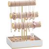 imageSONGMICS Bracelet Holder Stand Jewelry Display Stand Jewelry Organizer with 3 Tiers and Velvet Tray Removable Ring Holder Cloud White and Camel Brown UJJS027A01Cloud White  Camel Brown