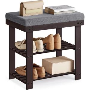 imageSONGMICS Bamboo Shoe Bench 3Tier Shoe Rack Organizer for Entryway Living Room Bench Seat Holds Up to 300 lb 119 x 205 x 192 Inches Rustic Walnut and Slate Gray ULBS504M01Rustic Walnut  Slate Gray