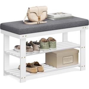 imageSONGMICS Bamboo Shoe Bench 3Tier Shoe Rack Organizer for Entryway Living Room Bench Seat Holds Up to 300 lb 119 x 205 x 192 Inches Rustic Walnut and Slate Gray ULBS504M01Cloud White  Slate Gray