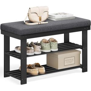 imageSONGMICS Bamboo Shoe Bench 3Tier Shoe Rack Organizer for Entryway Living Room Bench Seat Holds Up to 300 lb 119 x 205 x 192 Inches Rustic Walnut and Slate Gray ULBS504M01Ink Black  Slate Gray
