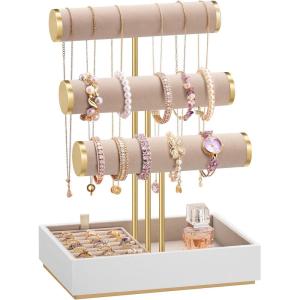 imageSONGMICS Bracelet Holder Stand Jewelry Display Stand Jewelry Organizer with 3 Tiers and Velvet Tray Removable Ring Holder Cloud White and Camel Brown UJJS027A01Cloud White  Camel Brown