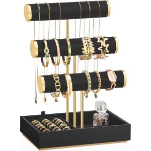 imageSONGMICS Bracelet Holder Stand Jewelry Display Stand Jewelry Organizer with 3 Tiers and Velvet Tray Removable Ring Holder Cloud White and Camel Brown UJJS027A01Ink Black
